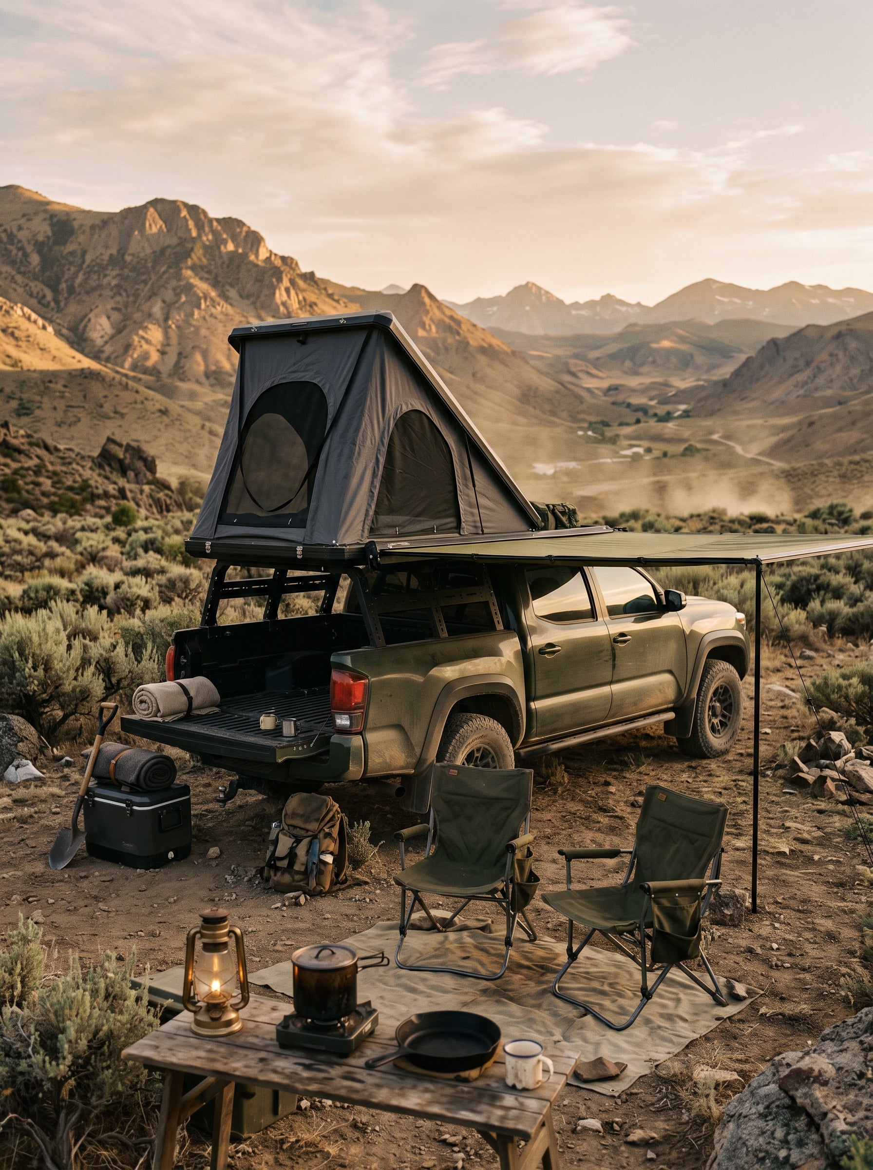 Unpaved Supply Co - overland truck at golden hour campsite, no people